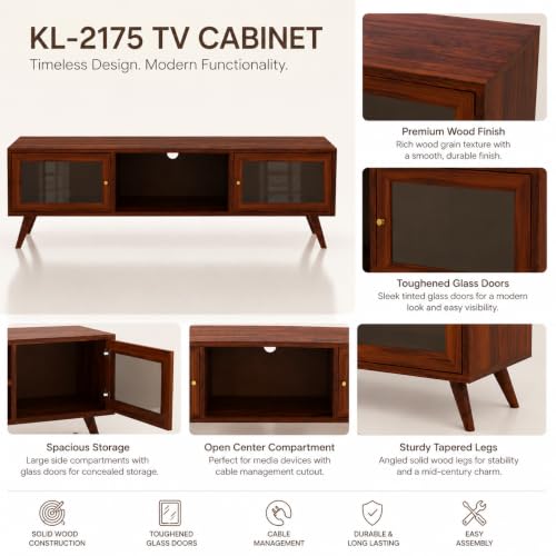Image of The Attic Janah TV Cabinet, Solid Wood Sideboard TV Cabinet for Living Room, Wooden Free Standing TV Unit Side Board Table with Storage, Honey Finish Glass