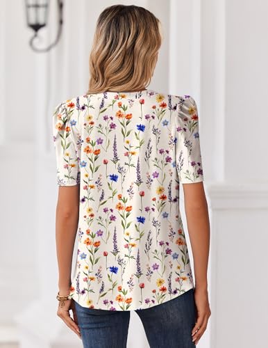 Image of Zeagoo Women Blouses Puff Short Sleeve Tops V Neck Dressy Casual Spring Shirts Boho Floral Cute Clothes 2026