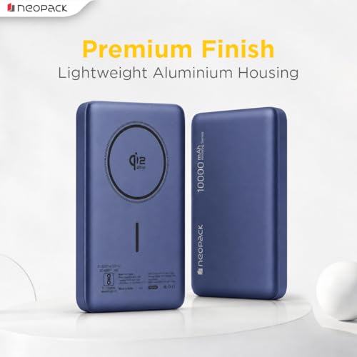 Image of Neopack Rapid Pro Magsafe Power Bank 10000 mAh with 25W Fast Wireless Charging | QI2 Technology | LED Indicator | Strong Magnetic Hold | USB-C in & Output Compatible with iPhone 12 & New Models, Blue