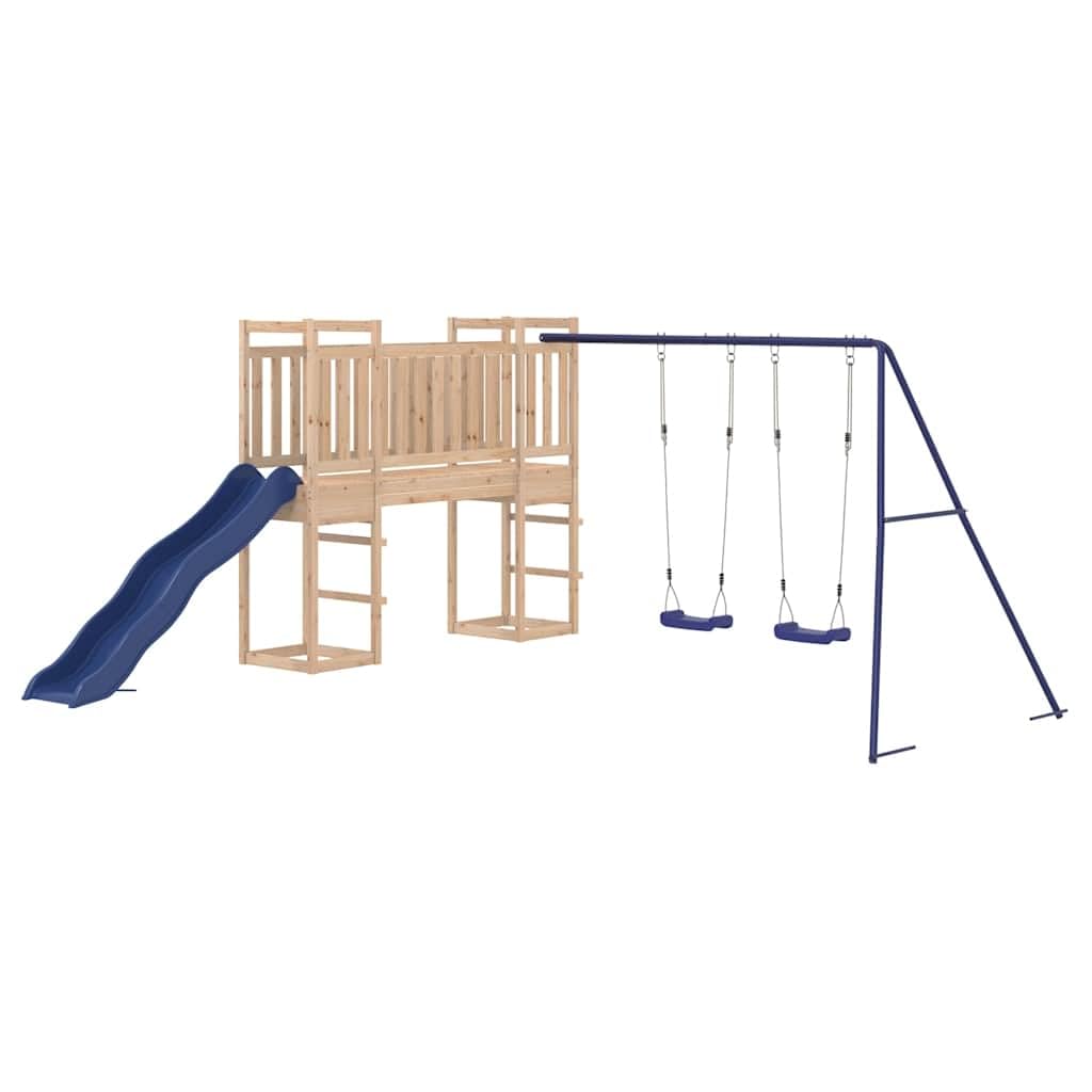 Spielturm Massivholz Kiefer mit Doppelschaukel, Wellenrutsche, Sandkasten und Klettergerüst, Outdoor Garten Spielhaus für Kinder, stabile Konstruktion, wetterfestes Holz