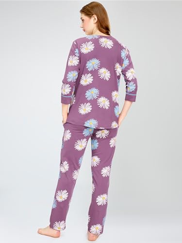 Image of ZEYO Cotton Blend Women's Cotton Floral Printed Nursing & Maternity Night Suit Set Of Top & Relaxed Pyjama Feeding Night Dress 5804