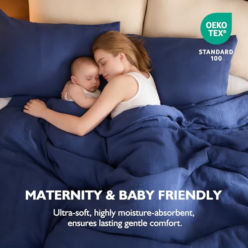 Image of EMME Muslin Cotton Duvet Cover Set Navy Twin Size Linen Like Soft Breathable Lightweight Summer Comforter Cover Set with Zipper Closure (Navy, Twin, 68 inchx90 inch)