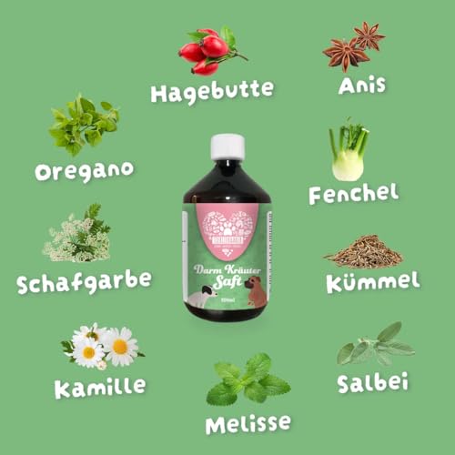 Darmkräuter Saft für Hunde 500ml – 100% natürliche Kräutermischung aus Anis, Fenchel, Kamille & mehr – Beruhigt Magen-Darm-Probleme wie Blähungen und Bauchweh – Für eine gesunde Verdauung