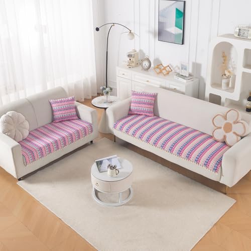 Image of HOKIPO 5 Seater Sofa Cover Mat in 3+2 Configuration | 300 GSM Cotton Acrylic Jacquard with Tassel, 'Trivana Series' Periwinkle Blue (IN-936+934-J5)