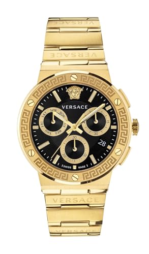 Versace Greca Logo Chr.43 Mm Chronograph Quartz Black Dial Sapphire Glass Men's Watch-VEZ900421, Gold-Tone, Contemporary
