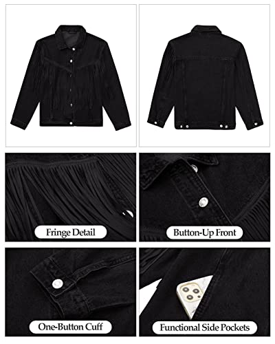 Vetinee Denim Jacket For Women Black Jean Jacket Women Casual Jackets For Women Black Shacket Women Shacket Women's Western Jacket Black Fit Size Large L Size 12 Size 14 #TOP5