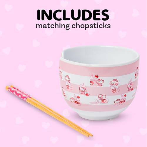 Image of Silver Buffalo Sanrio Hello Kitty Pink, Ramen Bowl with Chopsticks, 20oz | Strawberry Milk, Noodle Rice Bowl, Microwave Safe, 0.59 Liters
