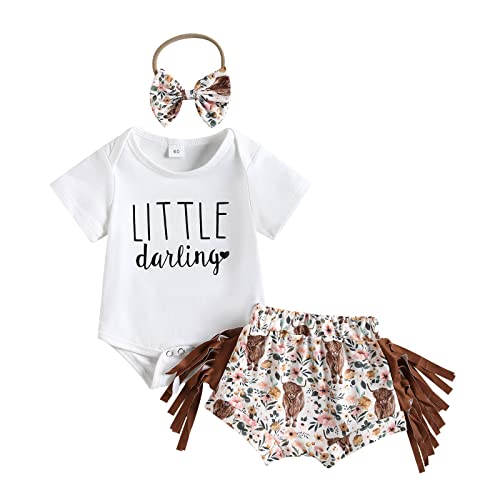 Image of Toddler Baby Girl Summer Clothes Little Girl Letter Short Sleeve Romper Western Cowgirl Tassel Shorts with Headband (White Little Darling, 3-6 Months)