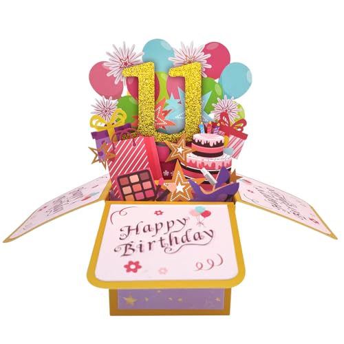 Happy 11th Birthday Pop Up Karte für Mädchen 11 Jahre alte Geburtstags Geschenk Idee für Tochter Nichte lustige 11. Geburtstag 3D Grußkarte für sie