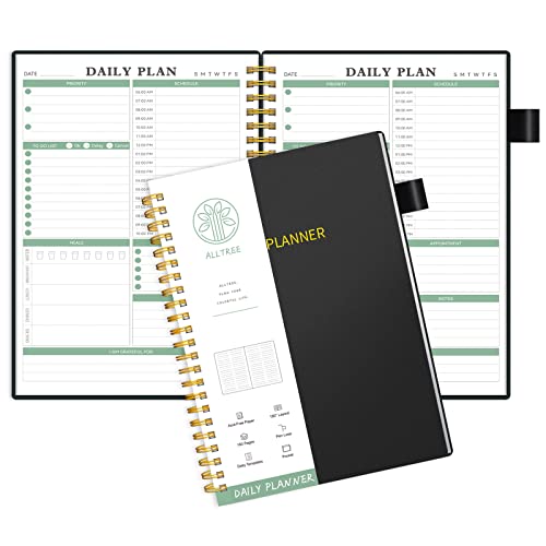 Daily Planner Undated, Daily Schedule Planner, Alltree Undated Planner, Spiral Daily To Do List Planner With Meal Tracker, Appointment, Hourly Schedule, Pocket, Pen Loop, Organizer Notebook For Men & Women, 160 Pages, Black（5.5"X8.5"） #TOP9