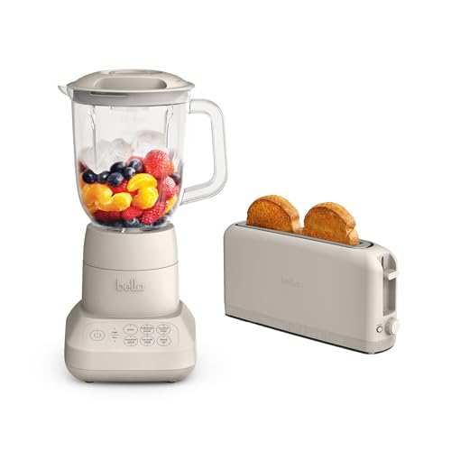 BELLA 10 speed Flip & Store Countertop Blender + 2 Slice Slim toaster, Fits-anywhere™ Kitchenware, Smart Toaster w 6 Shades Control & Smoothie Blender w 48oz Capacity Pitcher, Oatmilk