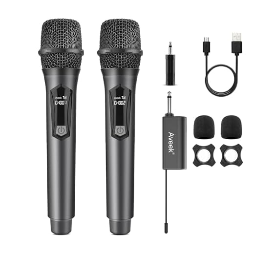 Aveek Micrófono Inalámbrico, Microfono Inalambrico Recargable, Micrófono Dinámico de Mano con Receptor, Adecuado para Karaoke, Canto, Fiestas, Bodas, DJ, Discursos (2 MicróFonos Incluidos)