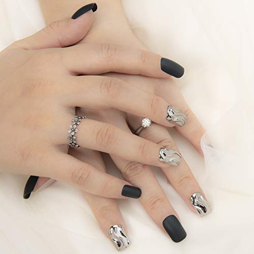 30pcs Fake Nails for Women Matte Black, Natural Look Short Press On Nails for Girls with Stickers, DIY Full Cover Artifical Nail Art False Nail