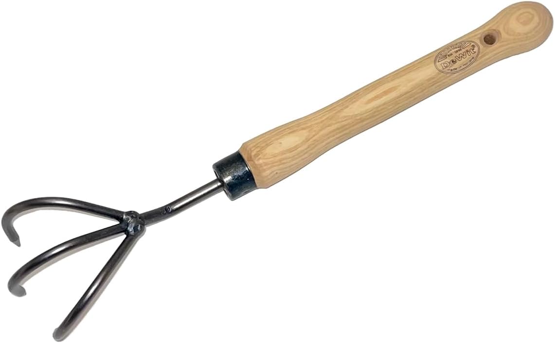 Dewit Mid-Size Handle Garden Cultivator – Hand Soil Rake Tool with Hardened Boron Steel Tines & Ash Hardwood Handle