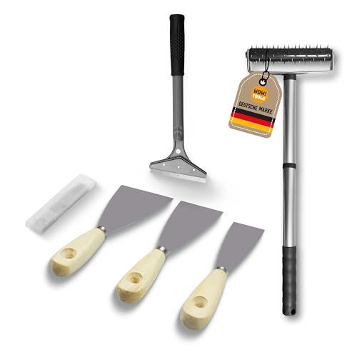 WOW!TOOLS Tapeten-Entferner-Set inkl. Stachelwalze/Igelwalze Tapetenschaber mit 5 Klingen aus gehärtetem Stahl und 3 Spachteln/Malerspachteln