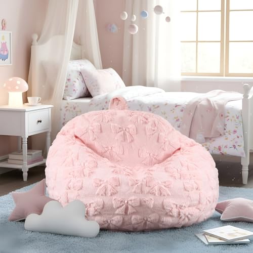 Gilprop Pink Bow Stuffed Animal Storage Bean Bag Chair Cover (No Filler) Fluffy Fuzzy Plush Bean Bag Chair for Teens Adults Soft Faux Cover for Organizing Plush Toys Clothes Home Supplies