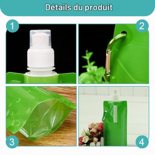 Bouteille souple ZORVUJI 480 ml avec mousqueton en plastique, idéale pour randonnée, voyage et vélo, unisexe sans BPA, compacte et légère – vue 4