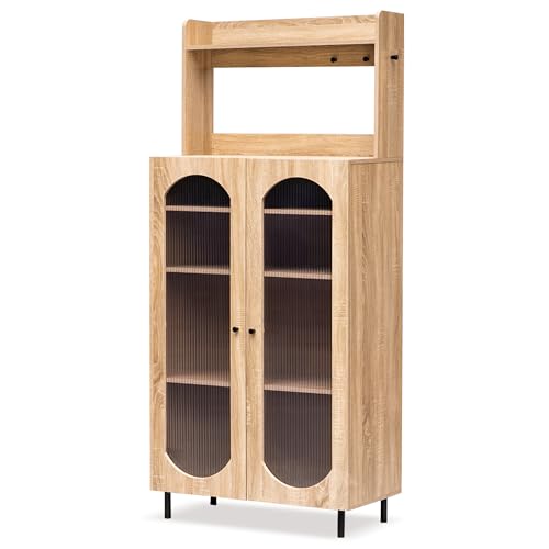 Image of Rocco Stellar Bookshelf with Upper Shelf, Auto LED Lights & Acrylic Doors | Engineered Wood Bookcase | Adjustable Shelves, Scratch-Resistant | Living Room, Library & Office (Oak, Tall Size)