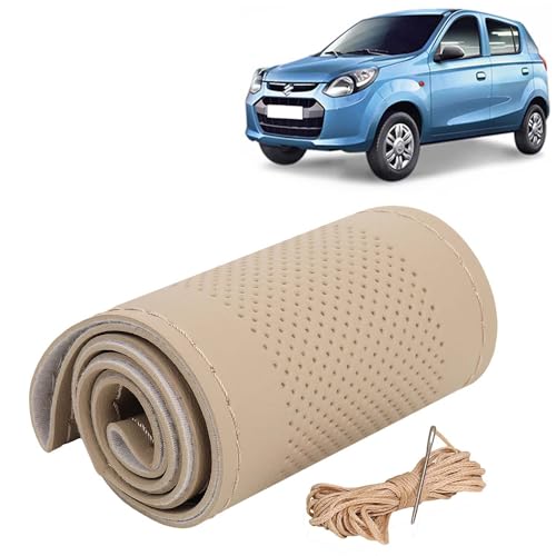 Image of KINGSWAY PU Leatherite Car Steering Cover Sewable Compatible with Maruti Suzuki Alto 800 (Year 2012 Onwards), Beige Color with Beige Thread, Pack of 1 with Sewing Needle and Thread