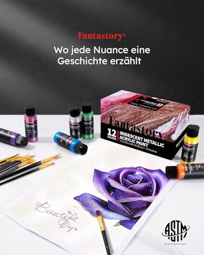 Image of Fantastory 60ml 12 Colors Metallic Acrylic Paint Set with 12 Brushes | Balanced Series, Color-Shifting, Perfect for Metal, Canvas, Rock, Stone, Ceramic, Model, Wood Painting
