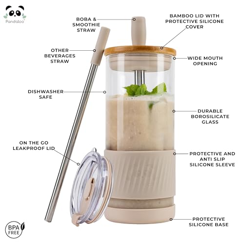 20 Fl Oz Glass Cups with Bamboo Lid & Straws - Perfect Iced Coffee & Smoothie Cups (Creamy Mushroom, 1 Count)