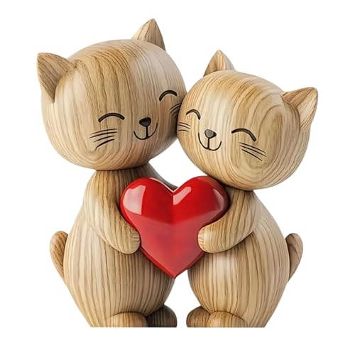 LunarCharm Holzskulptur eines Katzenpaars – 2D-Flache...