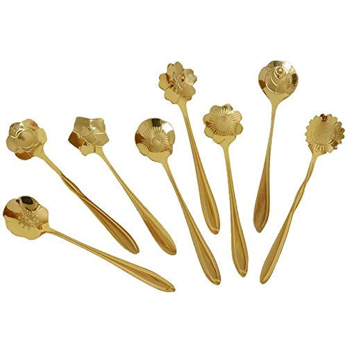 Kitchen Dinner Dining Tableware, Cutlery Dessert Spoon, Coffee, Sugar, Mixing, Tea, Stirring,Cake and Ice Cream Spoon,Stir bar Gold Flower Stainless Steel Spoon-Set of 6 (Random)