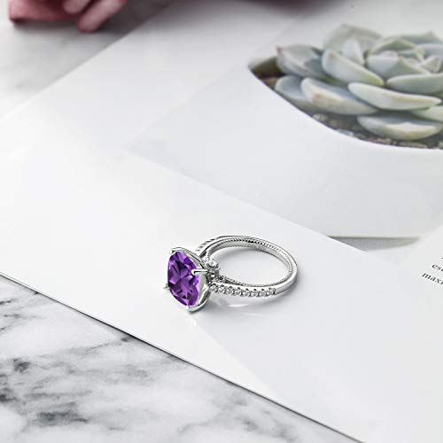 Gem Stone King 925 Sterling Silver Cushion Purple Amethyst and White Created Sapphire Engagement Ring For Women (3.27 Cttw, Available in size 5, 6, 7, 8, 9)4