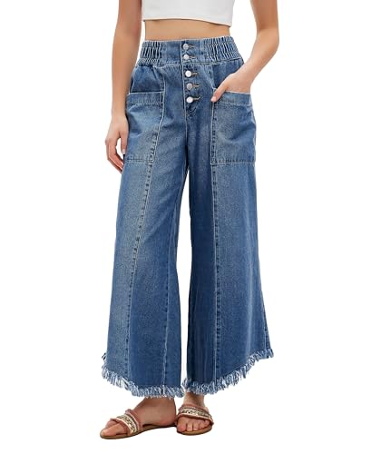 LifeShe Women's Baggy Wide Leg Jeans Elastic Waisted Cropped Denim Pants Loose Boyfriend Raw Hem Jeans