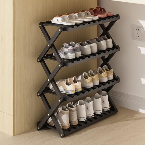 SKW 竹製 折りたたみ シューズラック 組み立て不要、玄関 コンパクト 多機能 収納 (ブラック, 幅50cm (4層))