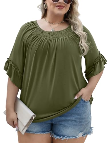 Image of Micoson Womens Plus Size Tops 3 /4 Ruffle Sleeve Crewneck Pleated Shirts