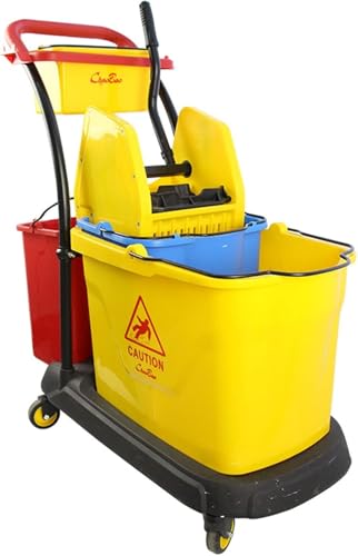 Carro de Limpieza con Ruedas for Hotel y Limpieza de Primera Calidad, Carro de Agua exprimidor de Doble Barril Tipo presión de 35 l, Cubo for fregona, con Filtro de Agua + Separador