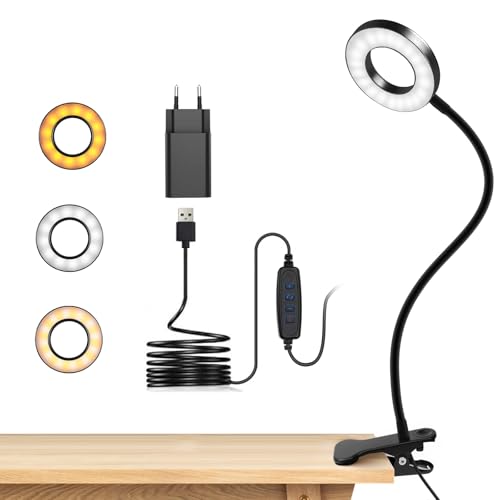 dowowdo Lampe de Lecture LED à Pince, Lampe de Bureau avec Bras Flexible 360°, 3 Modes & 10 Niveaux de Luminosité, Alimentation USB pour Lit, Bureau, École