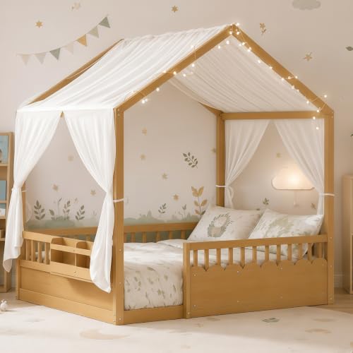 Image of Bellemave Full House BedFrame with Canopy, Montessori House Bed with LED and Bookshelf and Rails for Kids, Natural