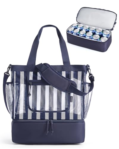 BAGSMART Mesh Beach Bag with Cooler, Zipper, Sandproof Navy