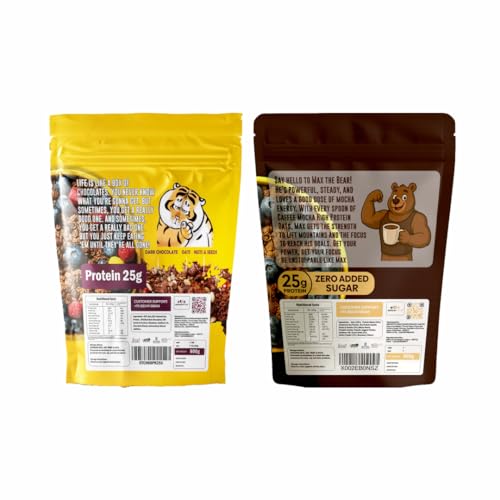Image of GrowFitz 25g High Protein Oats 800 Gram, Pack of 2 | Chocolate & Coffee Mocha Flavor Combo Breakfast Oatmeal | 17g High Fiber, Almonds, Raisin, Pumpkin, Chia Seeds, Super Rolled Oats | No Added Sugar