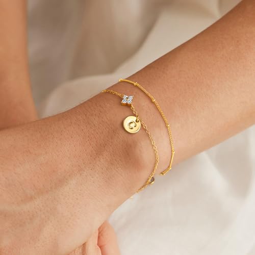 M MOOHAM Gold Initial Bracelets for Women Gifts - Dainty Cubic Zirconia Four Leaf Clover Bracelet for Women Trendy Personalized Initial Bracelet for Teen Girls Jewelry Gifts4