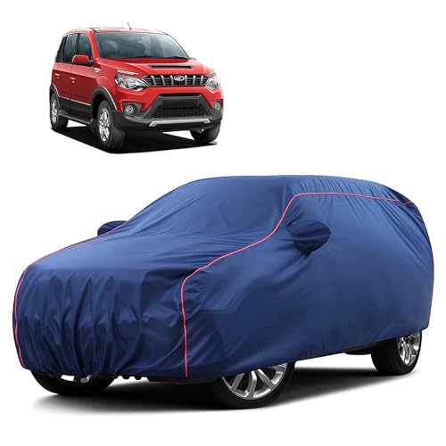 Image of Sulfar 100% Water Resistant Car Body Cover Compatible with Mirror for Mahindra Nuvosport (Triple Stitched, Full Bottom Elastic, Blue Taffeta with Red Piping)