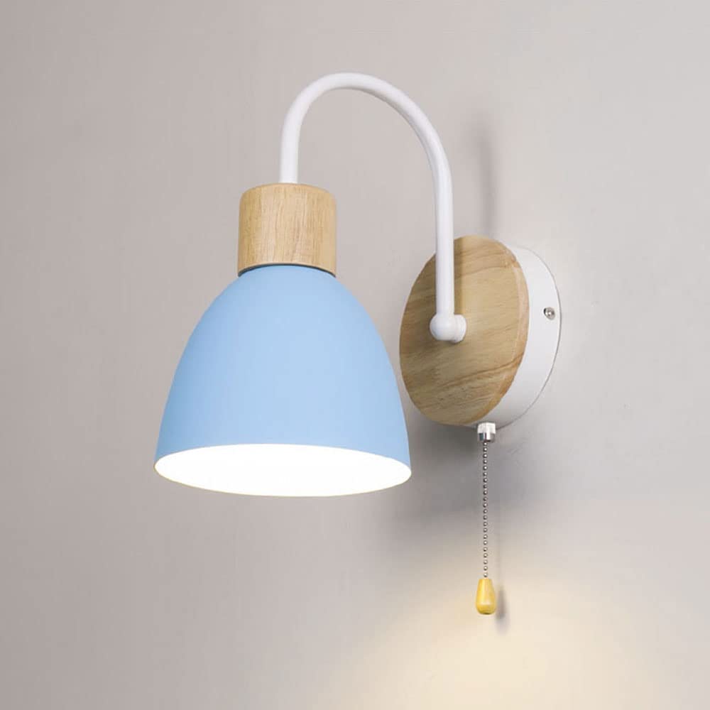 HYJAUSXB Modern Nordic Hardwired Wall Light - Wood Lamp with Pull Chain Switch Bedroom Bedside Headboard Lighting Mount Lights for Study Room, Hallway, Foyer (White-Yellow) (Whiteblue)