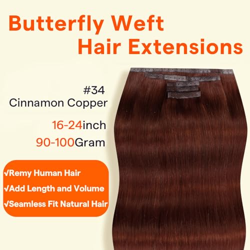 Image of Full Shine Butterfly Weft Human Hair Extensions 24 Inch Cinnamon Copper | 5Pcs Double Layer Weft, 100g Long Hair Extension Look, Vacation Style, Thin Hair Transformation, Micro Beads Installation