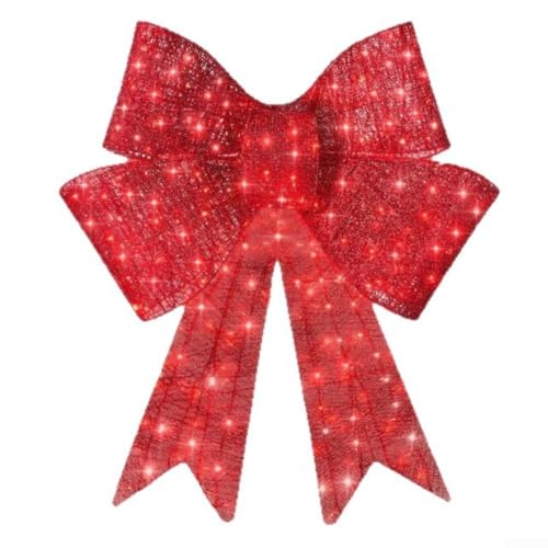 Volakebeing 24in Pre-Lit XL Christmas Bow Decoration with Bright LED Lights, Large Weather-Resistant Outdoor Holiday Ornament for Yard, Festive Red Plastic Design