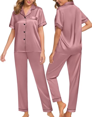 Image of SWOMOG Women Satin Pajamas Set Short Sleeve Top & Pants Sleepwear Silky Button Down Nightwear 2pcs Loungewear Pjs Set
