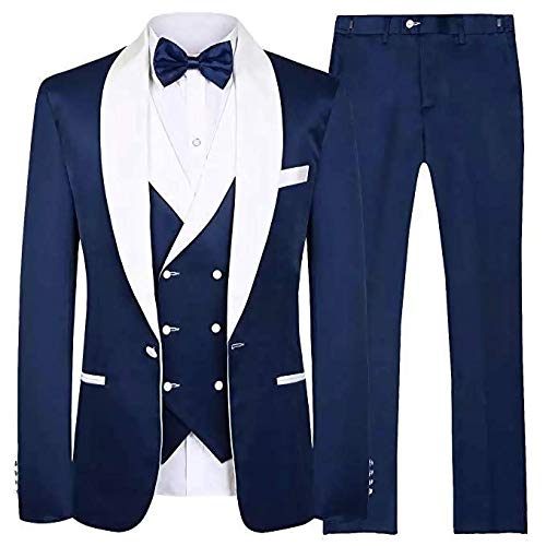 Three Piece Men's Suit Navy Blue Groom Tuxedos White Shawl Lapel Men Suits with Pants Wedding Business Suit