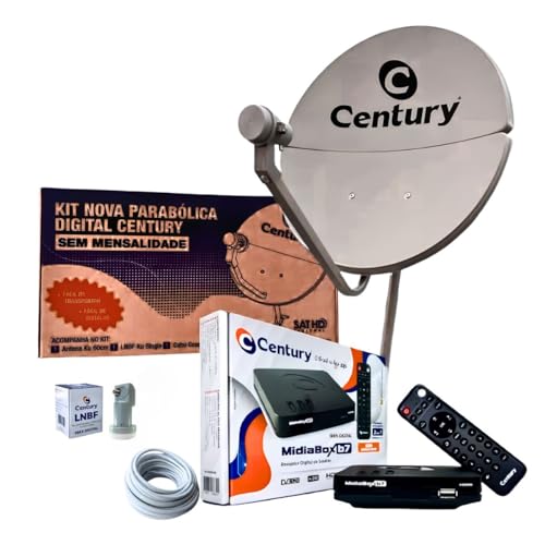 Kit Antena Bipartida Century KU 60 cm + Receptor Midiabox B7 + LNBF Simples + Cabo 15M C/Conectores