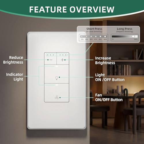 Image of Akicon Dimmer Switch for Exhaust Fan with Light, Single Pole Fan Light Switch, Neutral Wire Needed, White