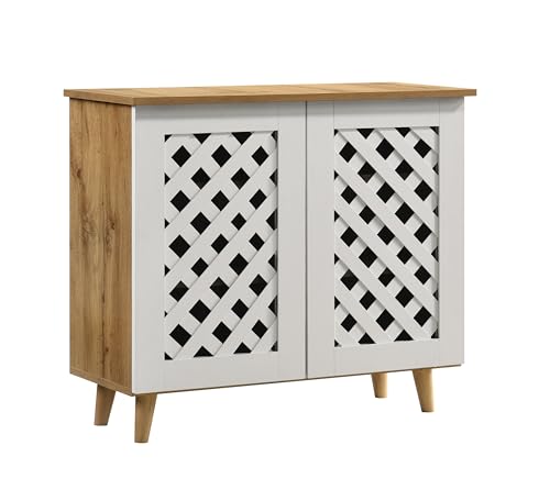Image of DeckUp Trove 2-Door Engineered Wood Shoe Rack (Wotan Oak & White, Matte Finish)