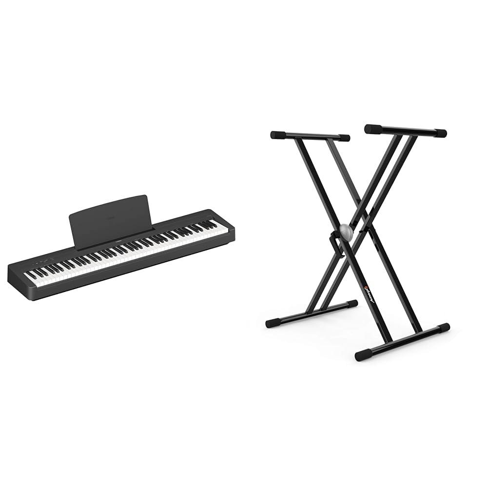 Yamaha P-145 piano digital ligero y portátil, con teclado Graded Hammer Compact & Audibax - Onyx 130 Soporte Piano - Estructura Tijera Doble - Anclajes Easy Lock