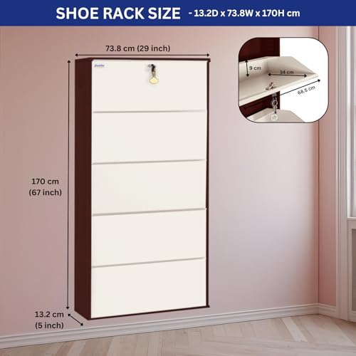 Image of DELITE KOM 29 Inch Wide, 5 Shelf Metal Shoe Rack Wall Mounted for Home with Central Lock | Holds Upto 18 Shoes or 30 Slippers Pair | 1 Year Warranty | (67 x 29 x 5, Coffee Ivory) | DIY | Space Saving