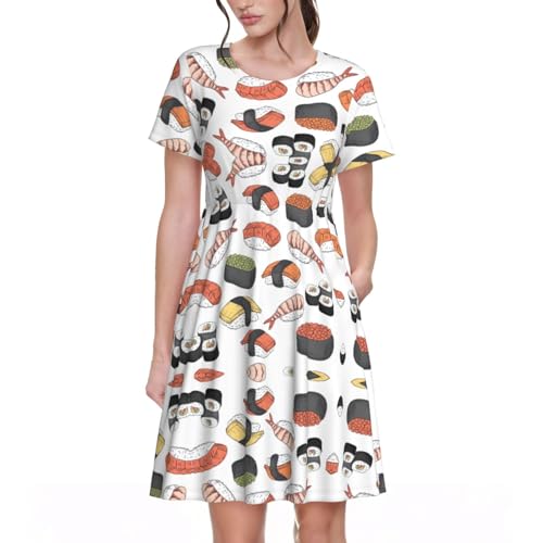 Robe de cocktail à manches courtes motif sushi et poches intégrées