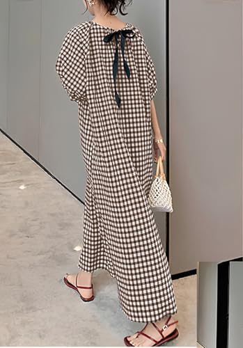 Image of chouyatou Women's Casual Gingham Loose-Fit Swing Dress Cotton Lantern Puff Sleeve Plaid Midi Long Dress